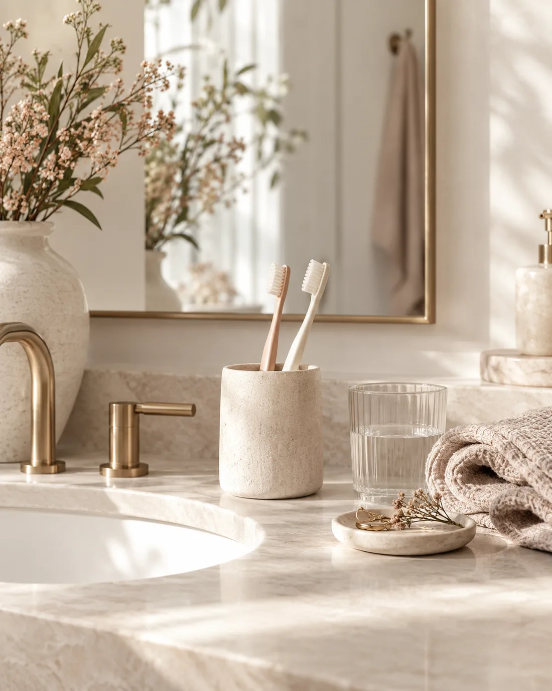 Neutral bathroom counter with toothbrushes and warm natural light