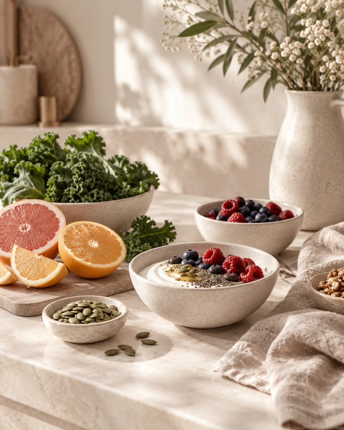 Kale, citrus, berries and nourishing bowls on a warm neutral kitchen counter